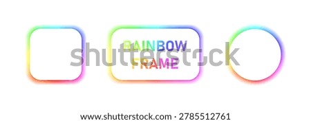 Raibbow minimal glowing radial gradient frame pack. Blurry RGB spectrum buttons. Soft gradient color 3D wheel isolated on white background. Square, rectangle and round frames. Vector illustration