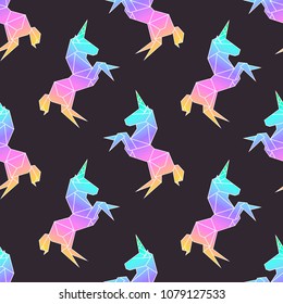 Raibow Unicorn in origami low-polygonal style seamless pattern for textile 