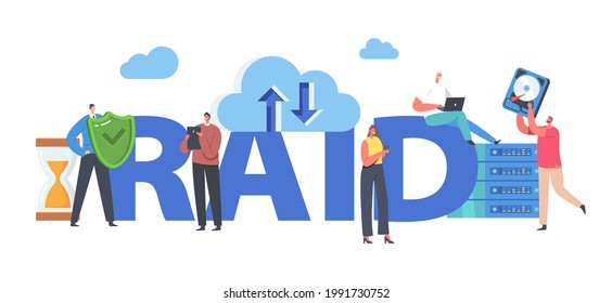 RAID Concept. Tiny Characters in Data Center around Huge Redundant Array of Independent Disks Storage, Backup Servers Modern Technologies Poster, Banner or Flyer. Cartoon People Vector Illustration