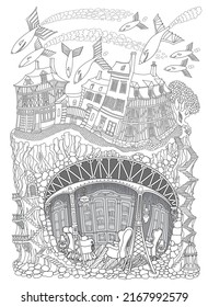 Raid of fantasy flying monsters on a fairy tale town, a safe underground home shelter with library furniture. Adults coloring book page