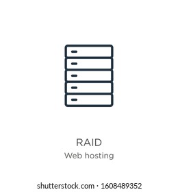 Raid icon. Thin linear raid outline icon isolated on white background from web hosting collection. Line vector sign, symbol for web and mobile