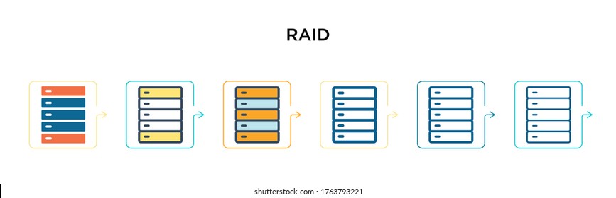 Raid vector icon in 6 different modern styles. Black, two colored raid icons designed in filled, outline, line and stroke style. Vector illustration can be used for web, mobile, ui