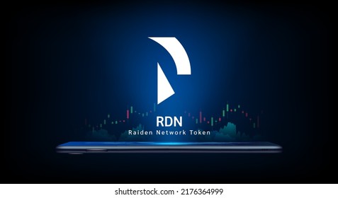 Raiden Network Token cryptocurrency symbol come out from smartphone with growth chart. Trading crypto currency on application. Financial investment banner for news or website. Icon coin token vector.