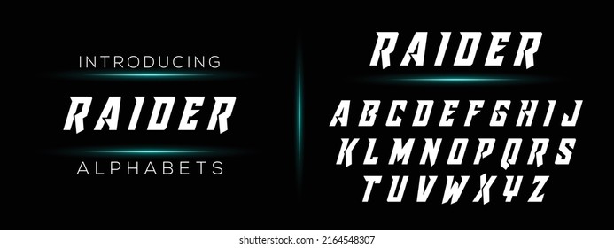 RAIDER, a sport gaming tech futuristic alphabet letter font. Luxury digital space typography. vector typeface illustration logo design