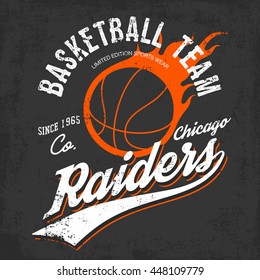 Raiders basketball team logo or sign of burning orange ball and text raiders below on gray. Can be used for exclusive sportswear or sport gear logotype or symbol, urban or street shirts.