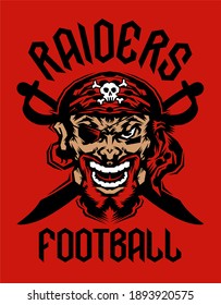 raiders football team design with mascot and crossed swords for school, college or league