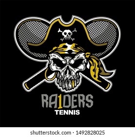 raiders tennis team design with mascot skull and crossed racquets for school, college or league