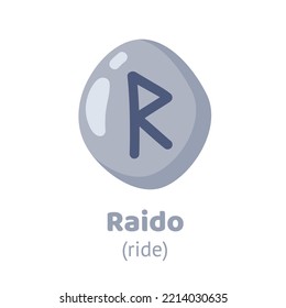 Raido (ride) rune, runic inscription engraving on grey stone. Magic, witchcraft, game element. Nordic alphabet, viking letter. Hand drawn flat vector illustration.