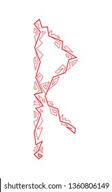 Raido rune. Ancient Scandinavian runes. Runes senior futarka. Magic, ceremonies, religious symbols. Predictions and amulets. White background and red ornament