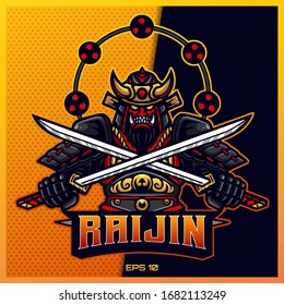 Raijin Gold Samurai grab sword esport and sport mascot logo design in modern illustration concept for team badge, emblem and thirst printing. Ninja illustration on Gold Background. Vector illustration