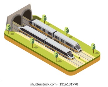 Rail bus and high speed passenger train entering railway tunnel under viaduct bridge isometric composition vector illustration