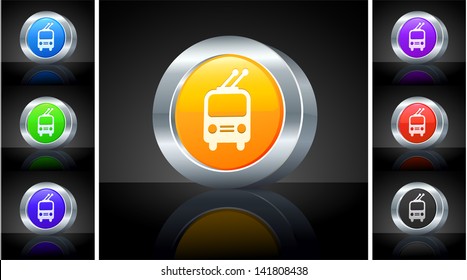 Rail Car Icon on 3D Button with Metallic Rim Original Illustration 
