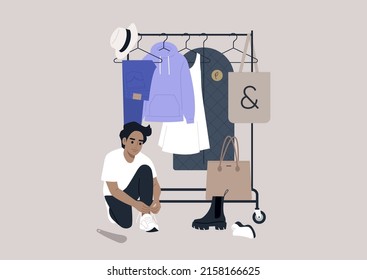 A rail of clothes hanging on hangers, fashion concept, a male Caucasian character trying different pairs of shoes on, an in-store shopping