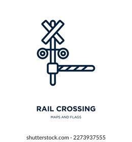 icono de cruce de trenes desde la colección de mapas y banderas. Cruce lineal delgado, cruce, icono de contorno de carretera aislado en fondo blanco. Señal de cruce de carril vectorial de línea, símbolo para web y móvil