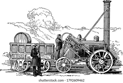 Motor ferroviario con una velocidad de 53 millas por hora, dibujo vintage o ilustración de grabado.