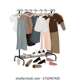 Rail with everyday fashionable things: clothes and shoes. Minimalistic capsule wardrobe in muted shades. Spring-summer clothing collection. Tender vector flat illustration.