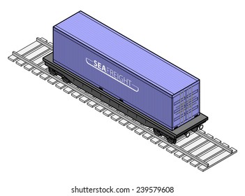 Um vagão de transporte ferroviário com um grande contêiner azul.
