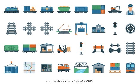 Rail freight and cargo transport logistics icon set for industrial shipping and global trade flat design vector illustration.