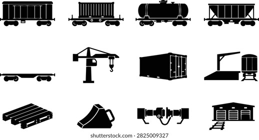 Rail freight equipment icon set featuring cargo wagons, tank cars, hopper cars, cranes, shipping containers, rail couplers, pallets, and loading facilities