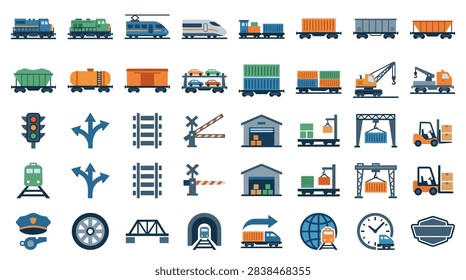 Rail freight and logistics cargo transport icons for industrial supply chain management flat design vector illustration