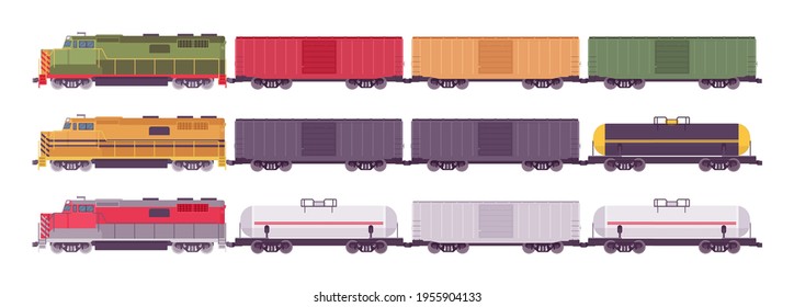 Rail Freight train, cargo or goods industrial set. Powerful bright color railroad engine transporting heavy wagons, logistics. Vector flat style cartoon illustration isolated on white background