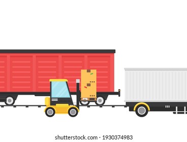 Vector de transporte de mercancías por ferrocarril. Vector de contenedor. Vector de camión y carretilla elevadora. Vector de dibujos animados de carretilla elevadora.