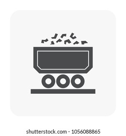 Rail freight transport vector icon. Also called goods wagons or freight wagons. Consist of bulk trolley or cart with goods, cargo or material from mine i.e. iron ore, coal, rock, mineral or gold.