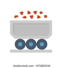 Rail freight transport vector icon. Also called goods wagons or freight wagons. Consist of bulk trolley or cart with goods, cargo or material from mine i.e. iron ore, coal, rock, mineral or gold. svg