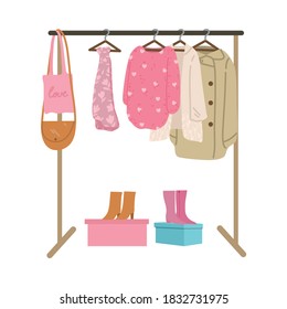 Rail and hangers for feminine stylish clothing, footwear and accessories at home or in store