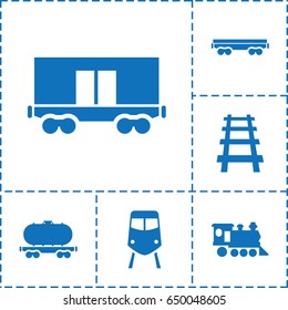 Rail icon. set of 6 rail filled icons such as train, cargo wagon, locomotive