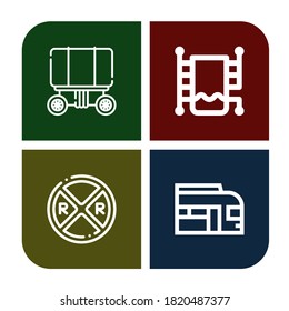 conjunto de iconos de carril. Colección de vagones, carril de toallas caluroso, cruce ferroviario, iconos de trenes