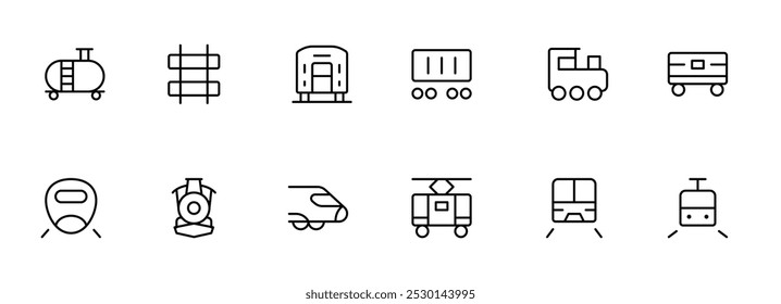 Icono de ferrocarril, transporte ferroviario, ferrocarril, icono de línea de ferrocarril. Ilustración vectorial. Línea, sólido, línea plana, estilo delgado y conveniente para la página del Web, App móvil, UI, diseño de UX.