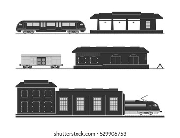 Rail infrastructure: railway station, goods shed and locomotive depot. Vector illustration.