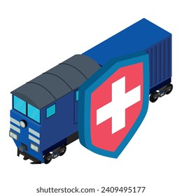 Das Icon der Eisenbahnversicherung ist isometrischer Vektorgrafik. Eisenbahnlokomotive hinter symbolischem Schild. Transportversicherung