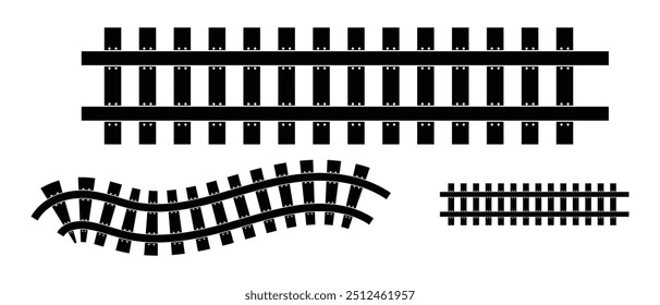 Conjunto de líneas de ferrocarril. Conjunto de iconos de pista de tren ferroviario recto y curvo. Pista del tren ferroviario del ferrocarril curvo aislado en el fondo blanco.  Ilustración vectorial.