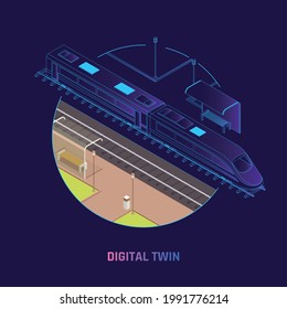 Rail network digital twin technology railway operations speed train virtual replica design isometric background composition vector illustration