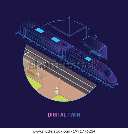 Rail network digital twin technology railway operations speed train virtual replica design isometric background composition vector illustration 商業照片 © 