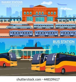 Rail network or link with train or locomotive, express and bus station for passenger and luggage transportation. Tourism and travel, trip conception
