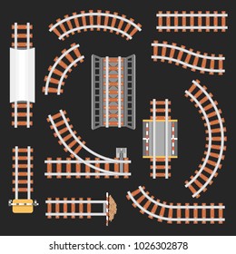 Rail or railroad, railway top view. Train transportation track made of steel and wood, rail wavy or curvy, straight connections.Locomotive railroad or path, railway, rail top view. Train station theme