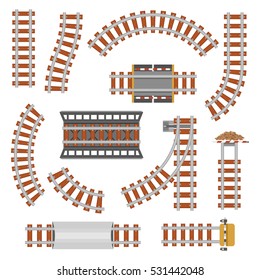 Rail or railroad, railway top view. Train transportation track made of steel and wood, rail wavy or curvy, straight connections. Locomotive path top view.Train station, transportation and travel theme