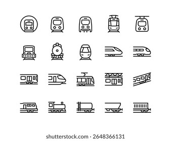 Rail and railroad transportation icon set with adjustable line weight