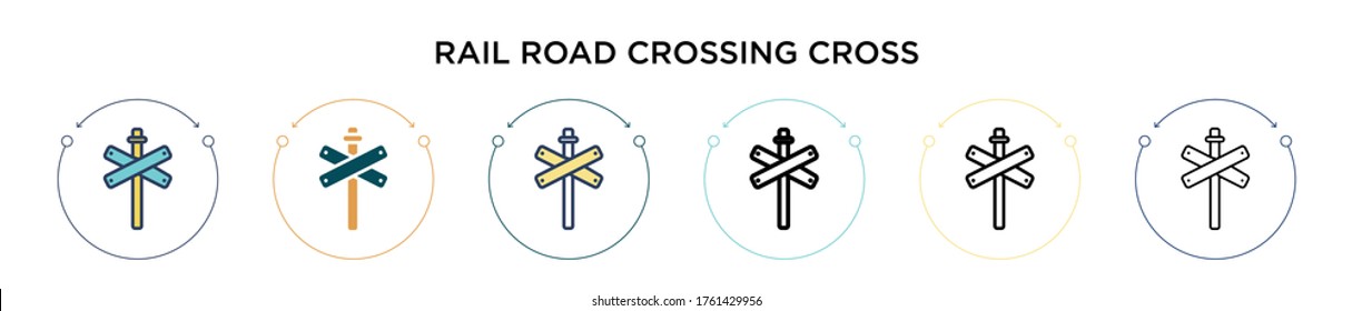 Rail road crossing cross signal icon in filled, thin line, outline and stroke style. Vector illustration of two colored and black rail road crossing cross signal vector icons designs can be used for 