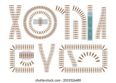 Rail Switch, Crossed, Round, Straight and Curved Railroad Tracks, Train Traffic Rails. Transportation Curve, Circle, V-shaped Road Lines Top View Isolated on White Background. Cartoon Vector Icons Set