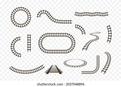 Rail Track. Railway For Train. Line Of Road For Subway, Tram And Train. Icon Of Railroad For Toy. Set Of Curve And Straight Perspective Railways For Logistics, Metro, Locomotive. Top View. Vector.