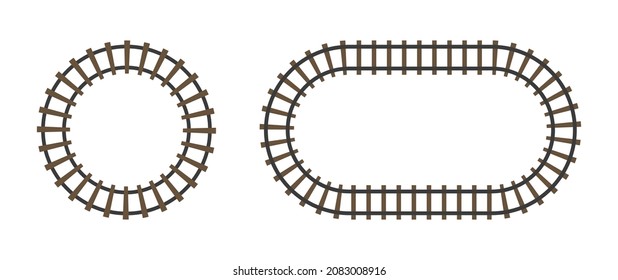 Rail track. Railway for train. Round road for subway, tram and train. Icon of railroad for toy. Set of circle railways for logistics, metro, locomotive. Top view. Cartoon style. Vector.