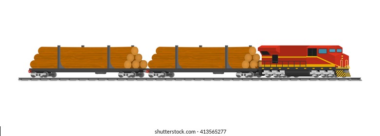 Rail trains cars of wood at the railway station ready for transport. Illustration on white background.