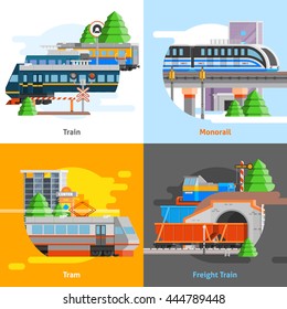 Rail transport 2x2 design concept set of passenger and freight trains monorail and tram compositions flat vector illustration   