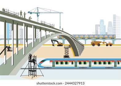 Rail transport Bridge construction in the big city with rapid transit,