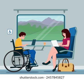 Schienenverkehr, bequemes Reisen. Benutzer für behinderte Menschen im Zug. Vektorillustration.