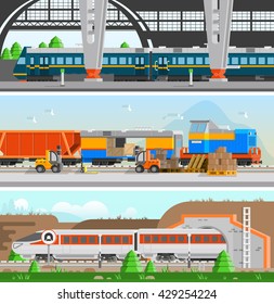 Rail transport horizontal flat banners with high speed passenger train railroad station and loading at railway transport compositions vector illustration  